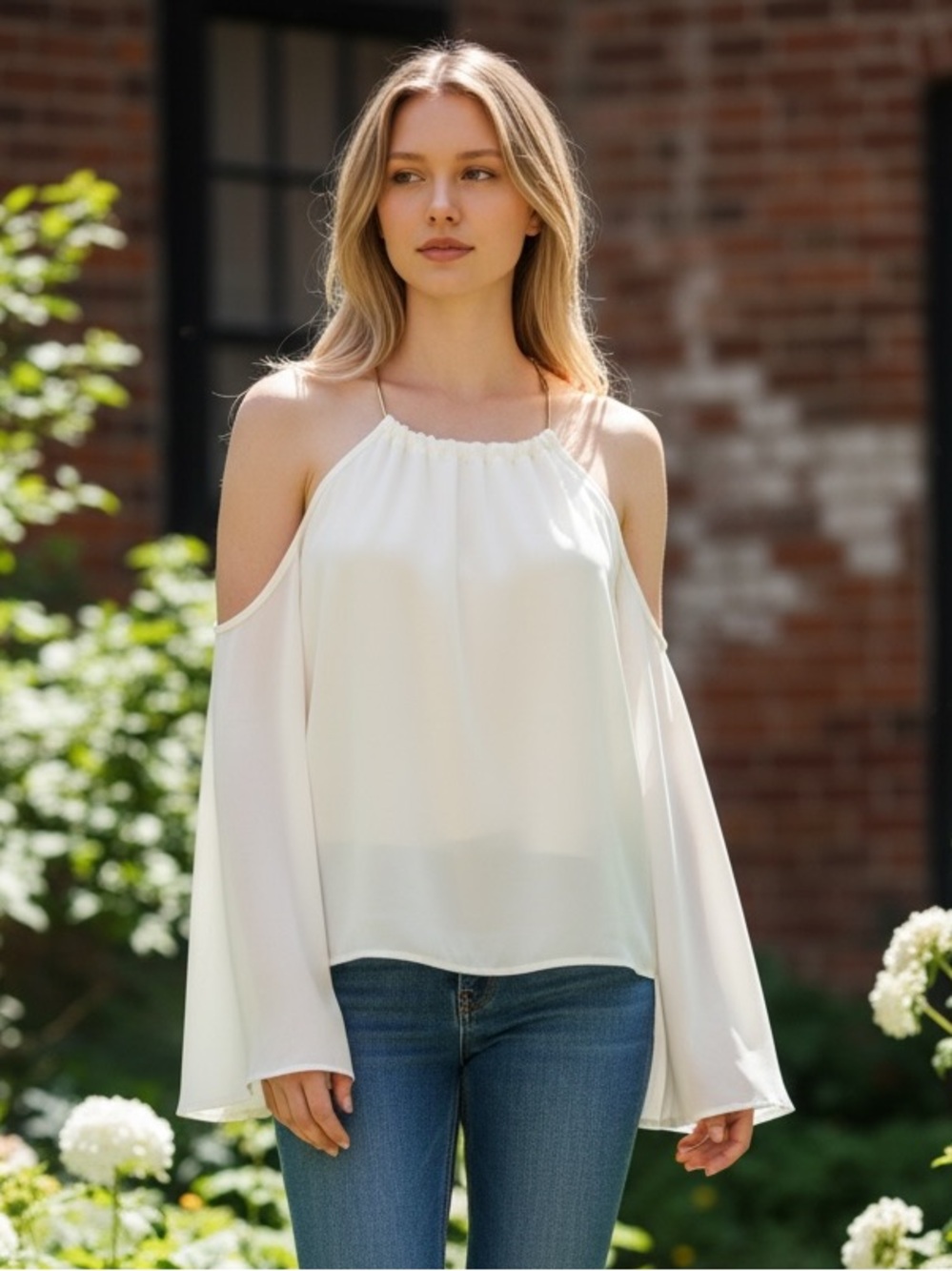 Charlotte Russe Cream Cold-Shoulder Halter Blouse with Gold Chain Y2K Size M